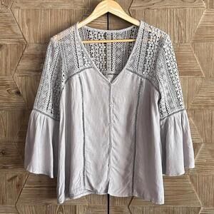 Womens Light Gray Crochet Detail Bell Sleeve Blouse Size Small Boho